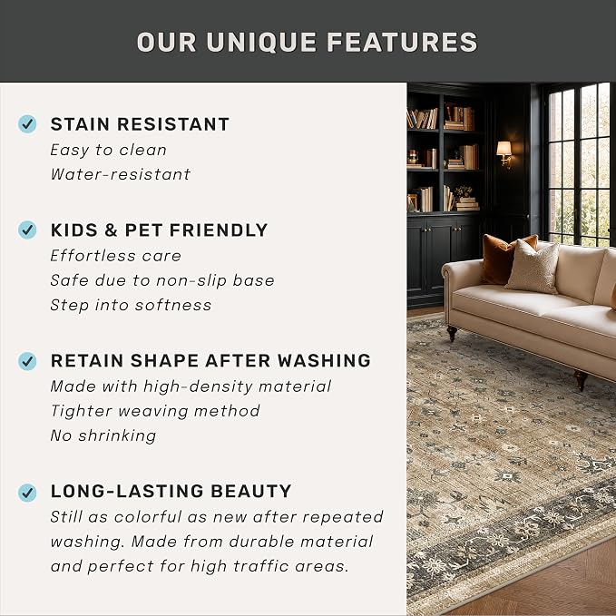 Natural Earthy 7x9 Area Rug for Living Room, Washable Bedroom Carpet, Oriental - Image 7