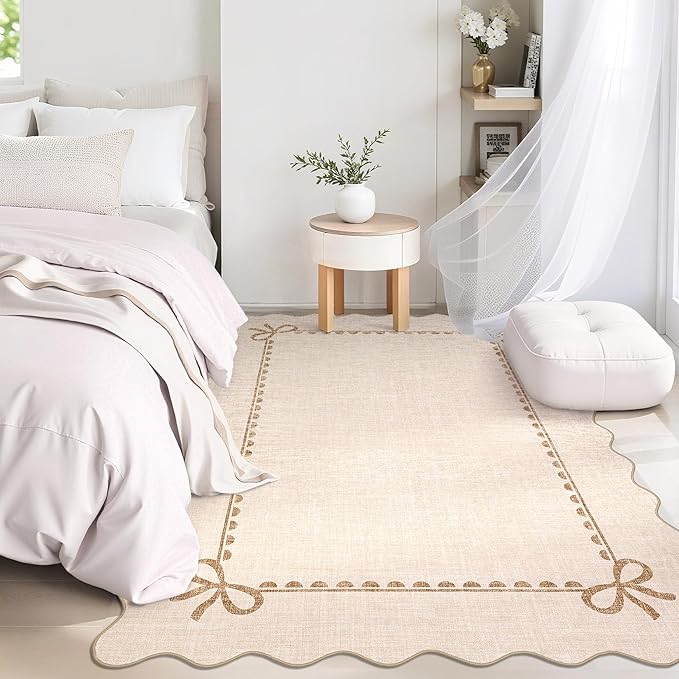 GarveeHome Scalloped Bow Rug for Living Room, Solid Beige Rug for Dorm - Image 3