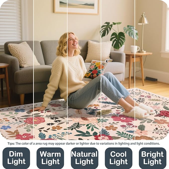 5x7 Area Rugs for Living Room Clearance Washable Boho Area Rug, Vintage Floral - Image 8