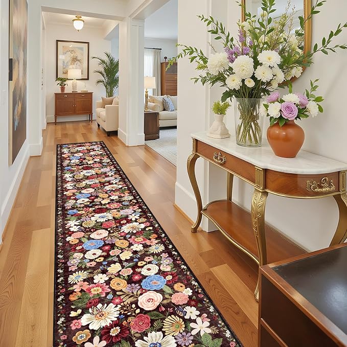 Floral Hallway Runner Rug Espresso Non-Slip, 2x10 Washable Ultra-Thin Soft - Image 7