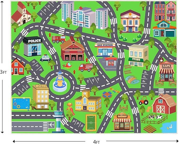 Kids Room Rug - Soft & Non-Slip 3x4 Ft Town Car Rug City Map Play Mat, - Image 2