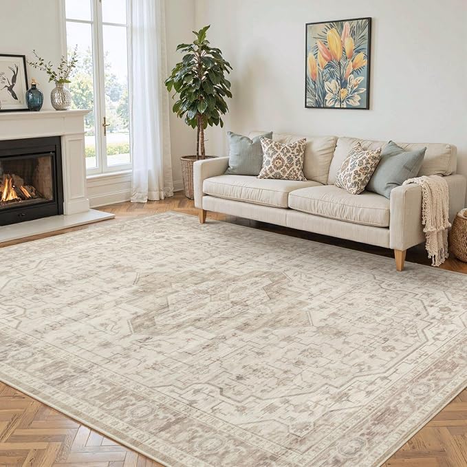 Rugxara 6x9 Washable Area Rug for Living Room, Vintage Neutral Large Boho Rugs by Rugxara