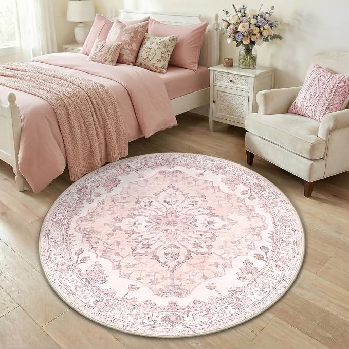 RELEANY Area Rugs Round 4ft Washable Non-Slip, Floral Vintage Distress by RELEANY