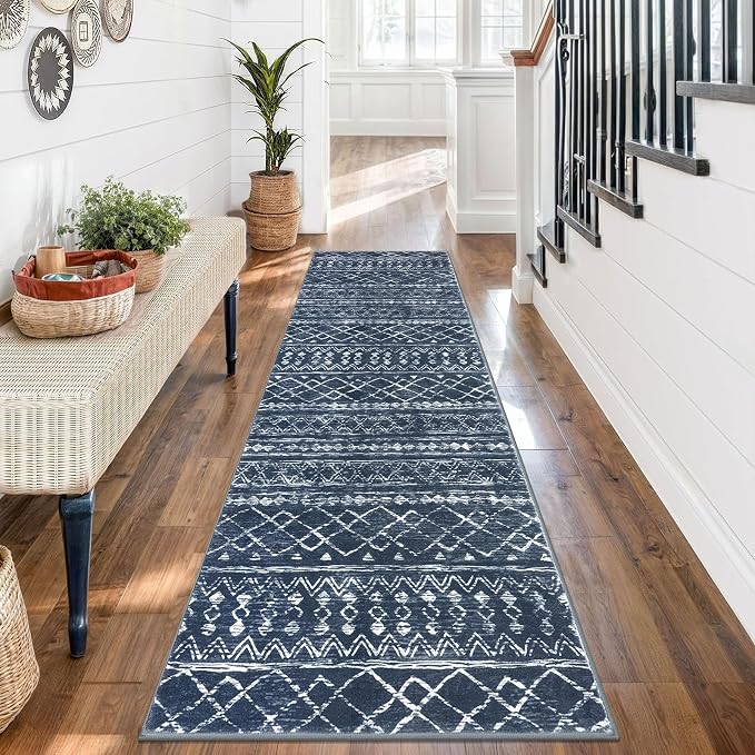 KUTA Moroccan Washable Runner Rug, 2x7 Non-Slip Vintage Navy Blue Boho Hallway - Image 3