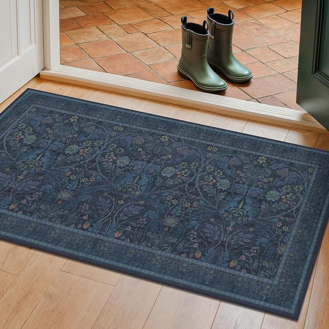Washable 2x4 Entryway Rugs, Oriental Floral Small Blue Kitchen Rugs, Thin - Image 9