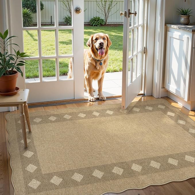 LIVEBOX Scalloped Easy Jute Diamond 3x5 Outdoor Rug, Washable Non-Slip Tan Rugs - Image 9