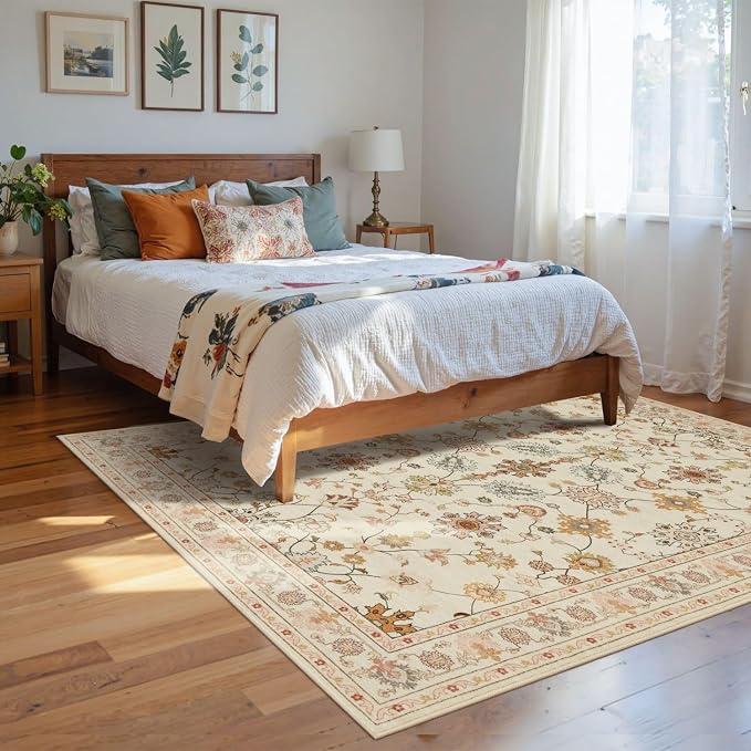 Rugxara Floral Rug for Living Room Bedroom, 4x6 Washable Rug, Vintage Boho Area - Image 2