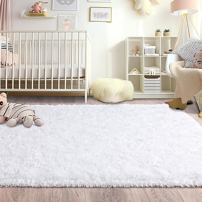White Rugs for Living Room, Large Area Rug 6x9 Fluffy Shag Rug for Bedroom - Image 4