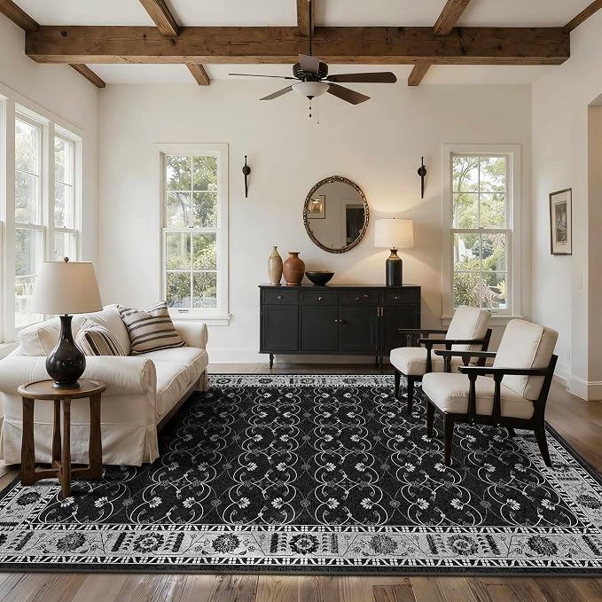 Rugxara 8x10 Washable Area Rug for Living Room, Extra Large Black Vintage Boho by Rugxara