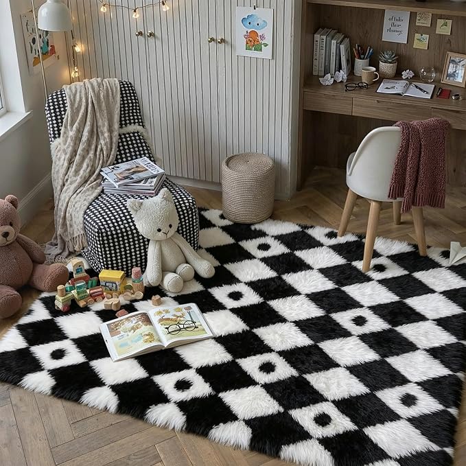 PureCozy Checkered Rug 5x7 Fluffy Shag Living Room Black and White Area Rug - Image 3
