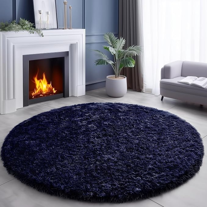 Dark Navy Round Rug 6Ft for Living Room Boys Bedroom, Fluffy Furry Fuzzy Plush - Image 8