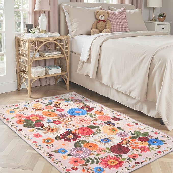 Blush Floral Machine Washable Rug, 3x5 Rug Non Slip Soft Bedroom Rugs by WelcometoBabovid