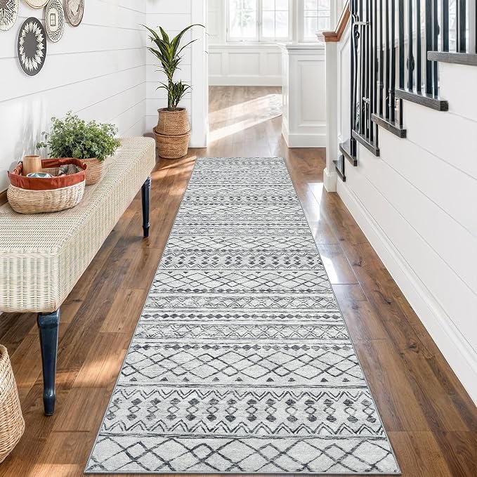 KUTA Moroccan Washable Runner Rug, 2x7 Non-Slip Vintage Grey White Boho Hallway - Image 3