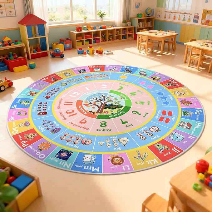 ABC Kids Rug for Playroom, 6ft Round Alphabet Small Classroom Rug, Non-Slip - Image 8