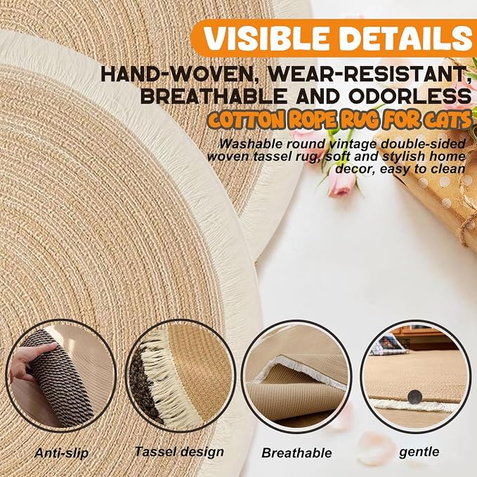 Cotton Rope Area Rug for Cats, Cat Scratch Rug, Washable Boho Braided Circle Rug - Image 6