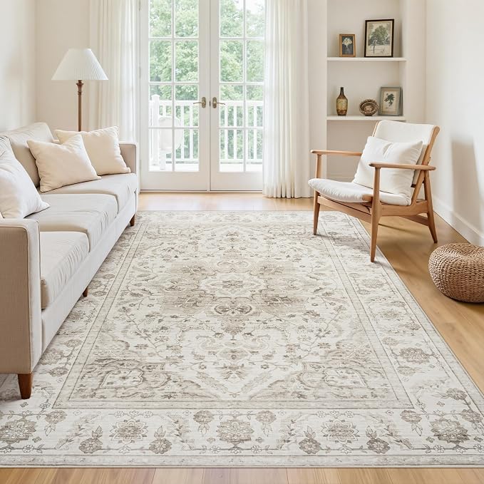5x7 Area Rugs for Living Room:Beige Washable Vintage Medallion Carpet Non-Slip - Image 3