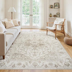5x7 Area Rugs for Living Room:Beige Washable Vintage Medallion Carpet Non-Slip - Image 3