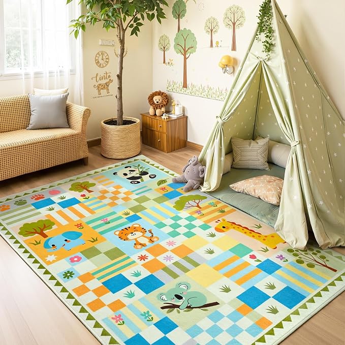 4x6 Washable Kid Playroom Rug, Unisex Green Safari Jungle Woodland Animal by Snoffic
