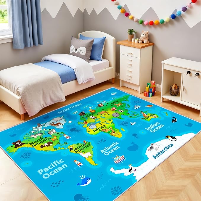 Kids Playroom Rug, 5x7ft World Map Play Mat - Image 4