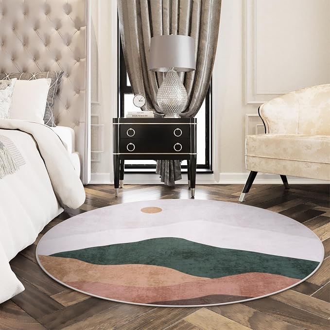 5ft Abstract Round Rug, Chic Washable Non-Slip Sun and Mountain Area Circle Rug by Sungea