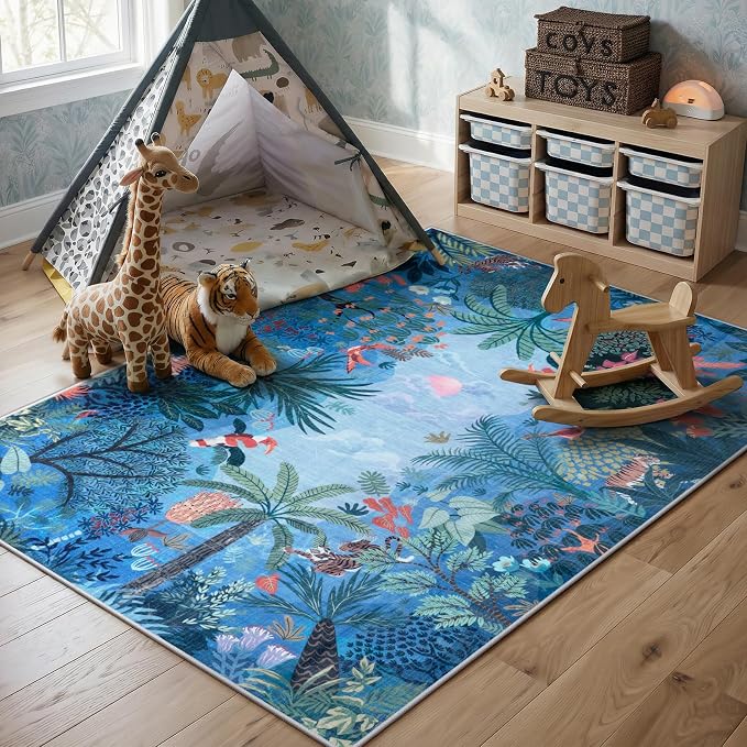 LIVEBOX Washable Jungle Animal Print 5x7 Blue Rug - Image 7