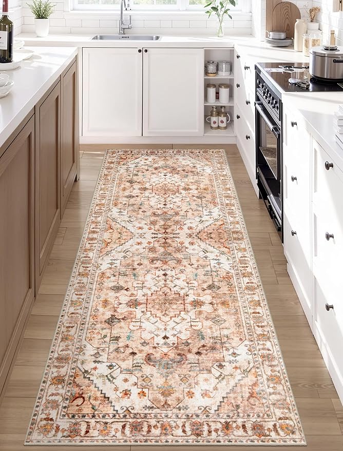 SERISSA Boho Washable Runner Rug, 2x6 Rug Non-Slip Vintage Peach Cream Hallway by SERISSAHomeDecorCollection