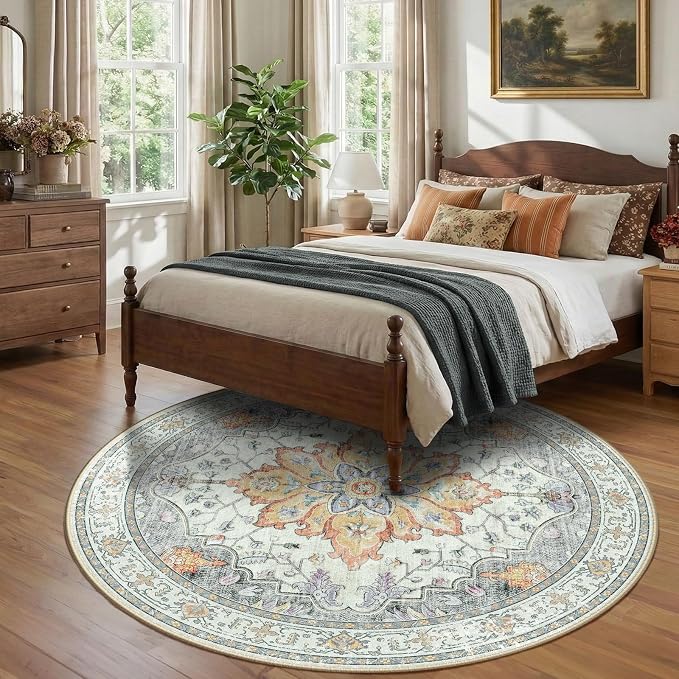 RELEANY Area Rugs Round 8ft Washable Non-Slip, Floral Vintage Distress - Image 3