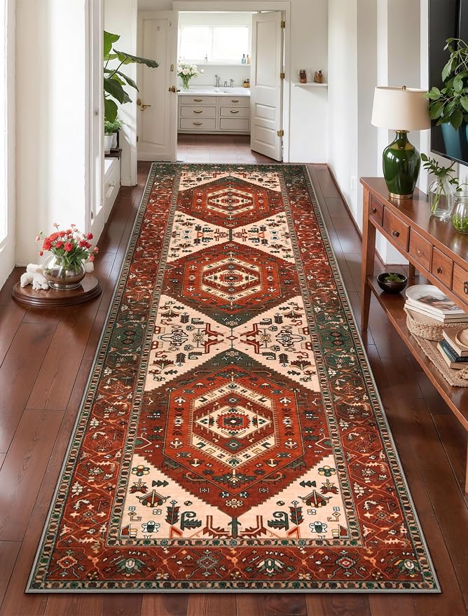 SERISSA Runner Rug for Hallways, Long Boho Rug Vintage Terracotta Green Hallway by SERISSAHomeDecorCollection
