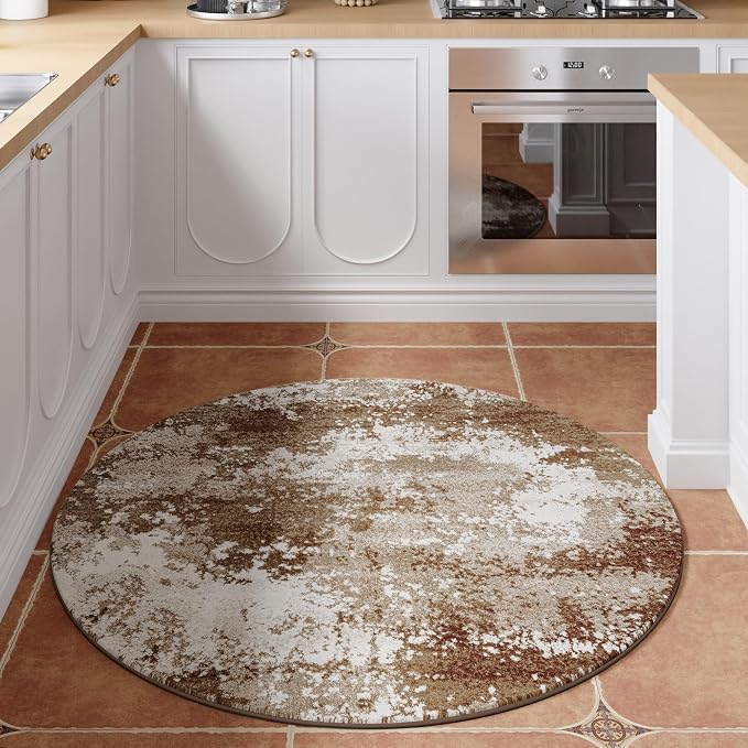 Brown Round Area Rugs 4ft Washable Circle Rug - Image 3