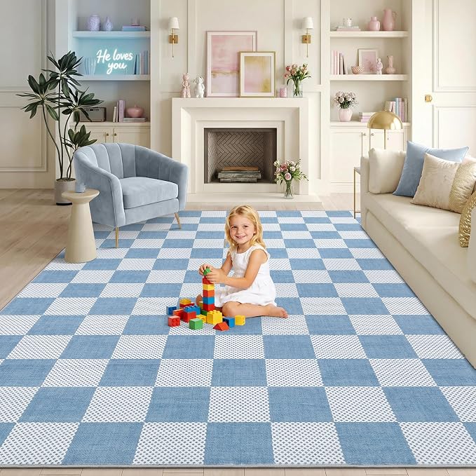 GarveeHome Checkered Light Blue and White 4x6 Washable Rug Geometric Diamond - Image 4