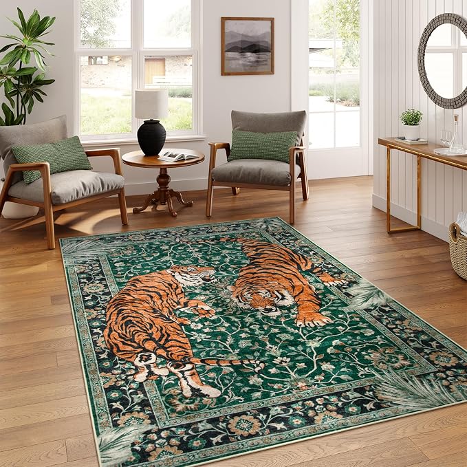 Moynesa Tiger 5x7 Area Rug, Boho Washable Living Room Rug, Non Slip Green Rugs by Moynesa