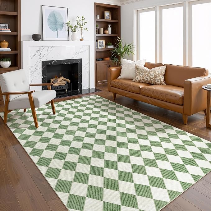 Checkered Washable Rug 6x9, Soft Non-Slip Farmhouse Area Rug by KiginaraArt