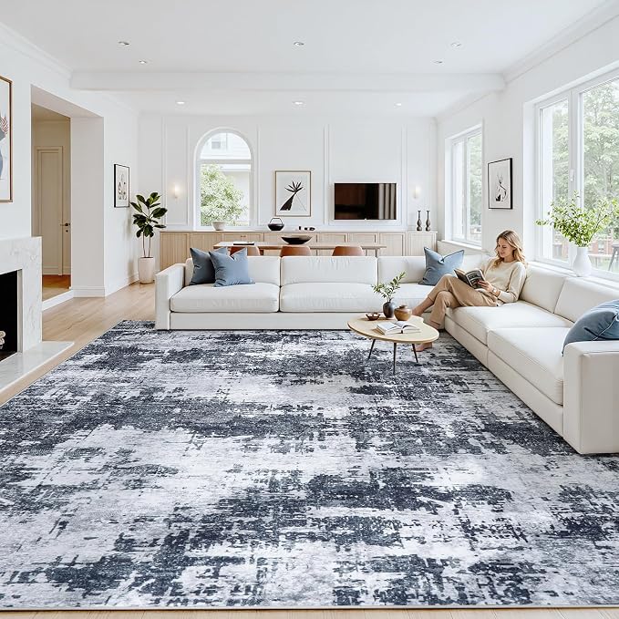 10x12 Area Rugs for Living Room Washable: Abstract Soft Thin Low Pile Black Rug by Oriannal
