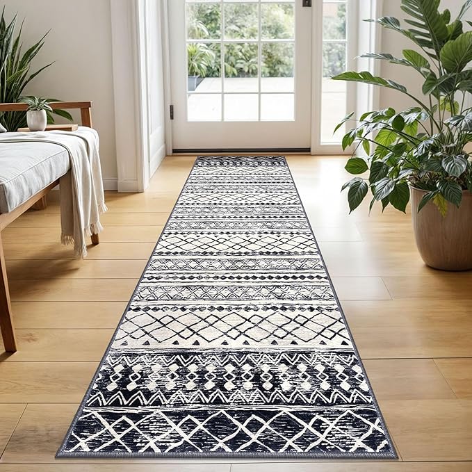 KUTA Moroccan Washable Runner Rugs 2x5, Non-Slip Vintage Black Navy Blue Boho by KUTA