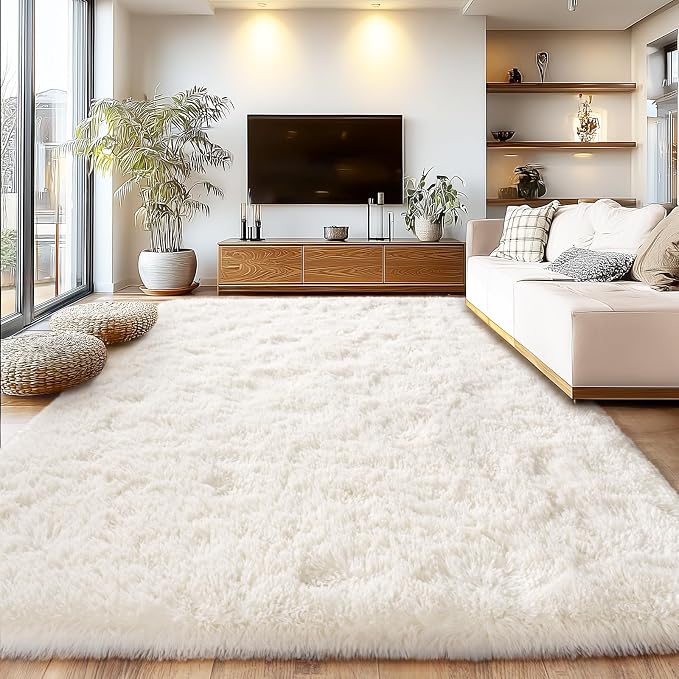 Cream White Plush Rug for Living Room Fuzzy Carpet for Bedroom Dorm, Non-Slip by Isdook