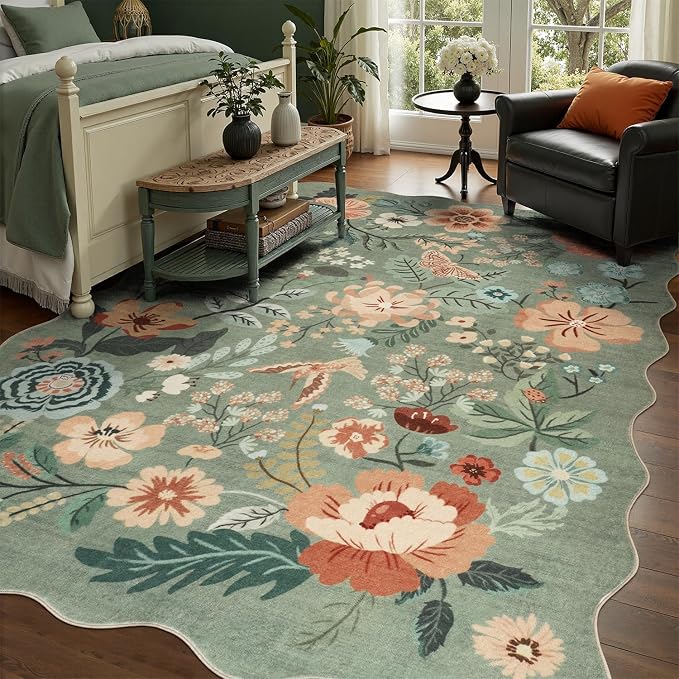 DCX Vintage Floral Rug 8x10, Washable Sage Green Rug - Image 3