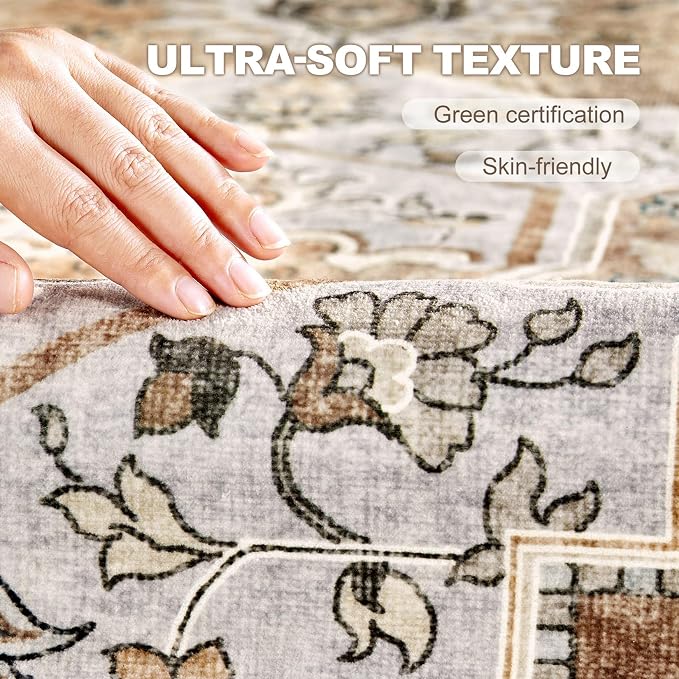 5x7 Washable Area Rug: Vintage Neutral Soft Non Slip Thin Large Floor Carpet - Image 5