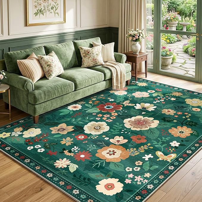 RELEANY Floral 5x7 Area Rugs Washable Print Boho Cute Carpet Non Slip Flower by RELEANY