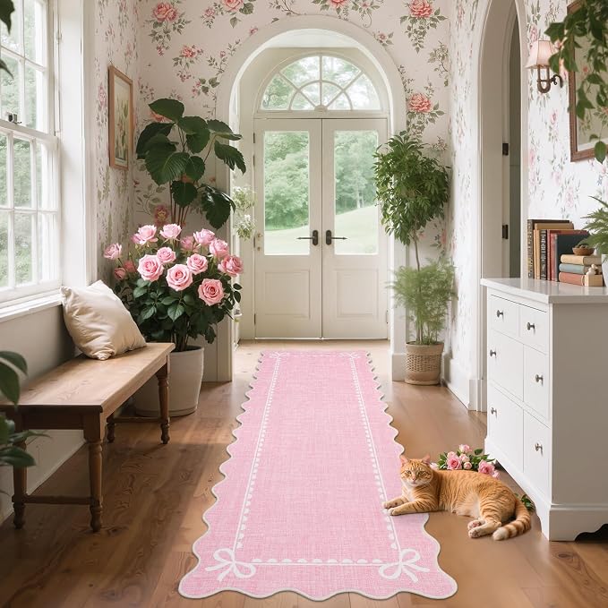 GarveeHome Scalloped Bow Rug for Living Room, Solid Pink Rug for Dorm, Washable - Image 2