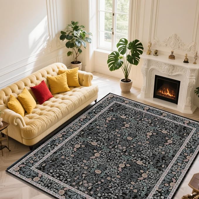 Vintage Black Living Room Rug, 9x12 Washable Area Rugs by Unknown