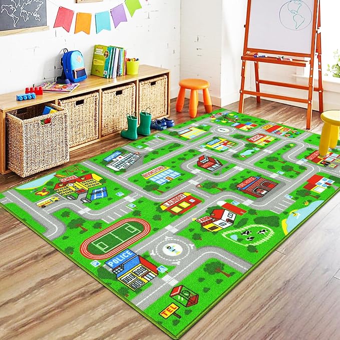 Capslpad Green Car Road Kid Rug Carpet Playmat by CapslpadDirect