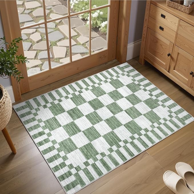 GarveeHome Sage Green Checkered Rug 2x3 Washable Rug Non-Slip by GarveeHome