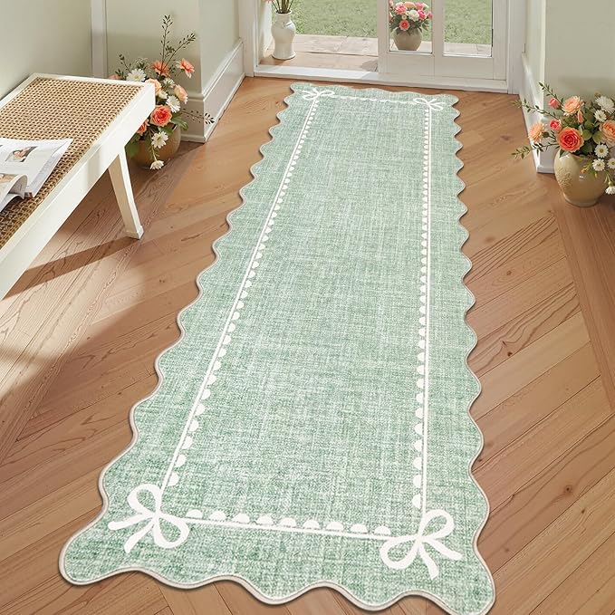GarveeHome Scalloped Bow Rug for Living Room, Sage Green Rug for Dorm, Washable by GarveeHome