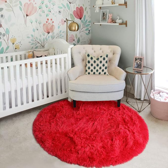 Red Round Circle Rug 6Ft for Bedroom, Large Fluffy Shag Area Rugs for Kids Room - Image 8