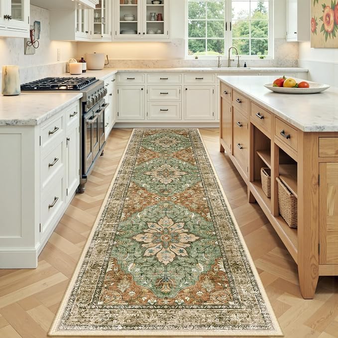 RELEANY Area Rugs Runner 3'x9' Washable Non-Slip, Floral Vintage Distress by RELEANY
