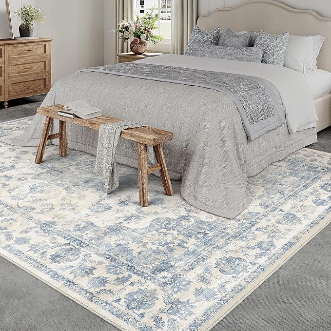 12x15 Neutral Area Rug Blue Vintage Living Room Bedroom Washable Carpet - Image 2