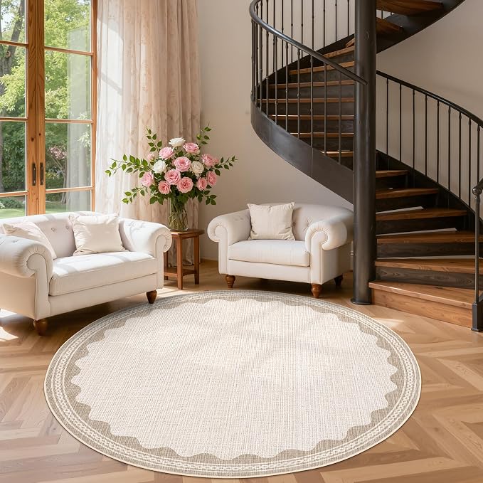 GarveeHome Scalloped Beige 6ft Round Rug Washable Non-Slip Soft Ultra-Thin - Image 2