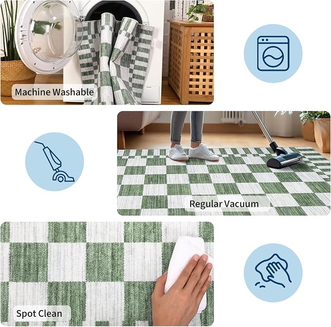 GarveeHome 2.5×10 Kitchen Runner Rug Non Slip, Sage Green Checkered Rug - Image 7
