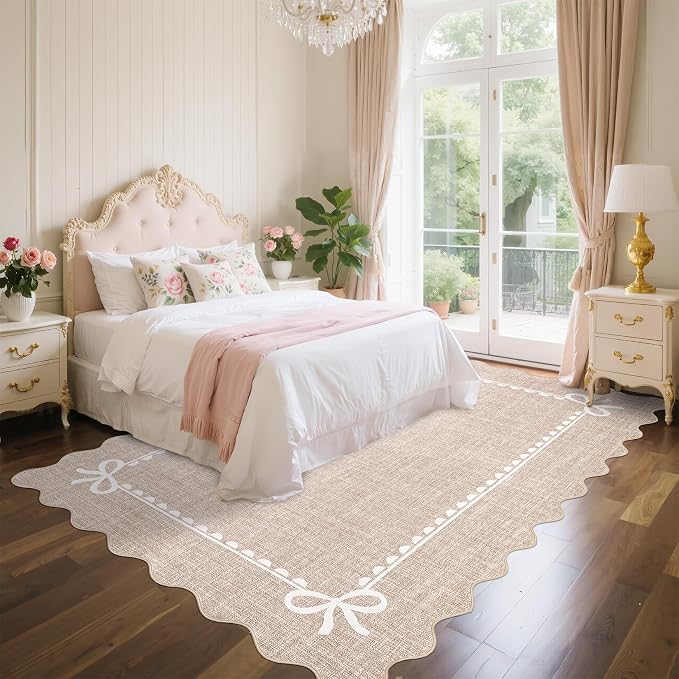 GarveeHome Scalloped Bow Rug for Living Room, Solid Camel Rug for Dorm - Image 2
