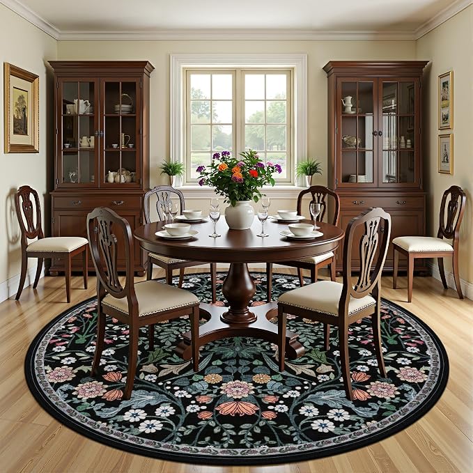 Round Area Rug for Living Room: 8 ft Floral Washable Circle Rug Soft Boho - Image 3